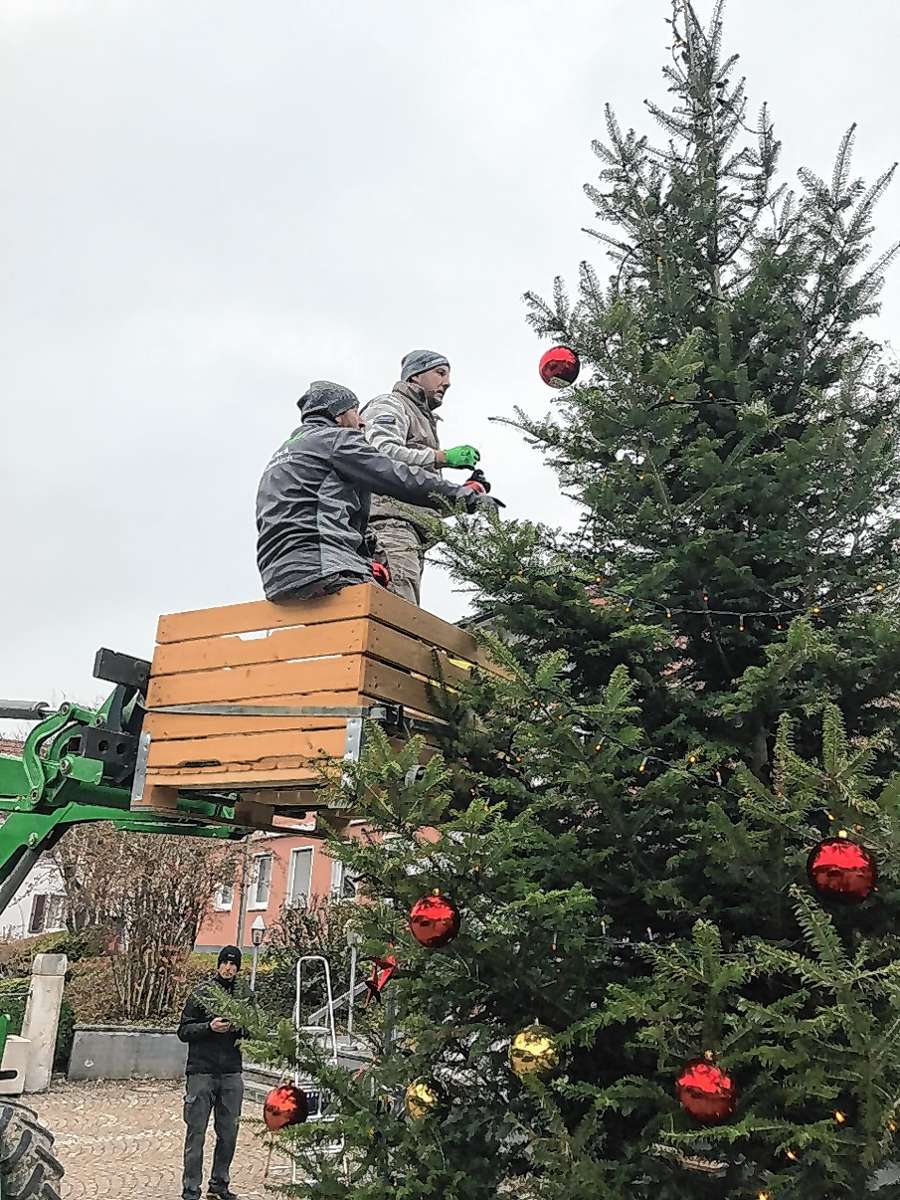 In Holzen stellen tradionell die Ortschaftsräte den Weihnachtsbaum im Dorf auf und schmücken ihn. Das soll auch 2022 so bleiben – mit verkürzten Leuchtzeiten für die LED-Beleuchtung. Foto: zVg/Wilhelm Weiß