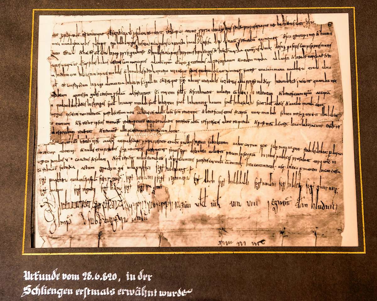 Das Dokument  mit der ersten urkundlichen Erwähnung Schliengens im Jahr 821.