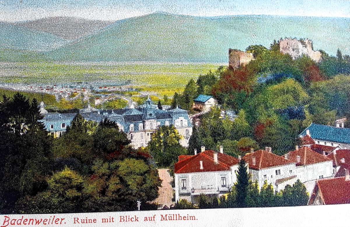 Ruine Badenweiler mit Blick auf Müllheim.                                                                                                                        Vorlage: Klaus Vollmer Quelle: Unbekannt