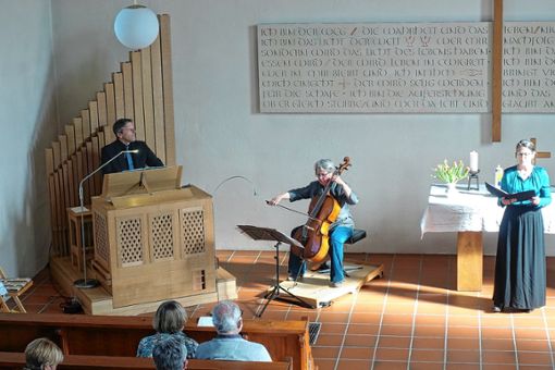 Beim Einweihungskonzert der Eichener Truhenorgel: Christoph Bogon (Orgel), Ceciel Strouken (Cello) und Ina Barbara Schabbon (Sopran). Foto: Jürgen Scharf