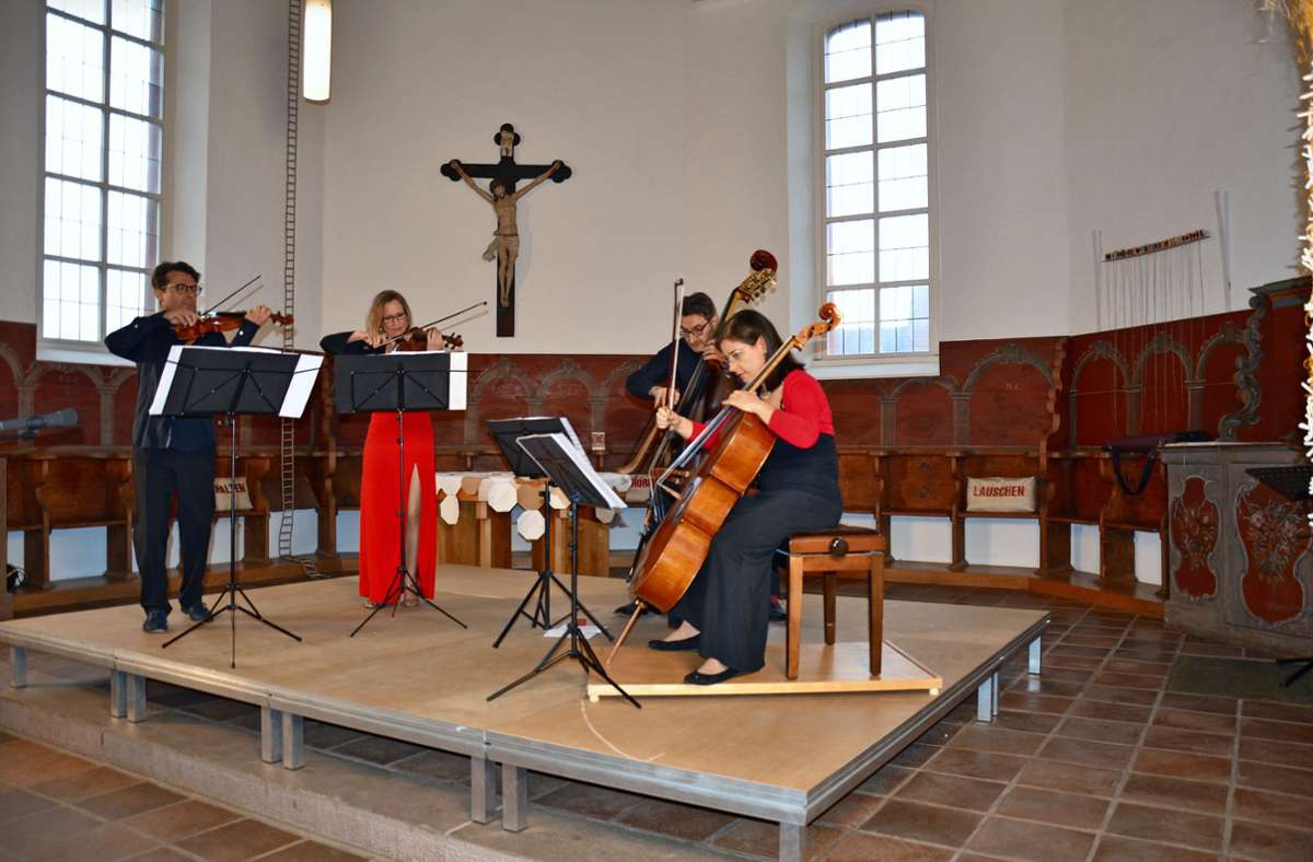Die Musiker von „Quelle Surprise“: Gustavo Surgik (Geige), Meike Brandenbusch (Geige), Bernd Schöpflin (Kontrabass) und Ana Helena Surgik (Cello) Foto: Kathryn Babeck