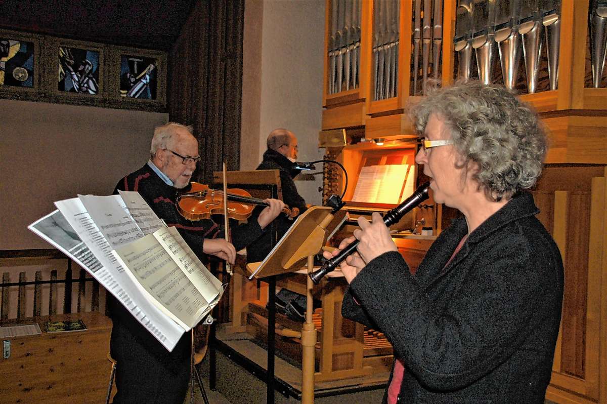 Musizierten zur musikalischen Vesper am Neujahrstag: Elke Polley, Helmut Bauckner und Elmar Wozilka (Orgel). Foto: Petra Wunderle