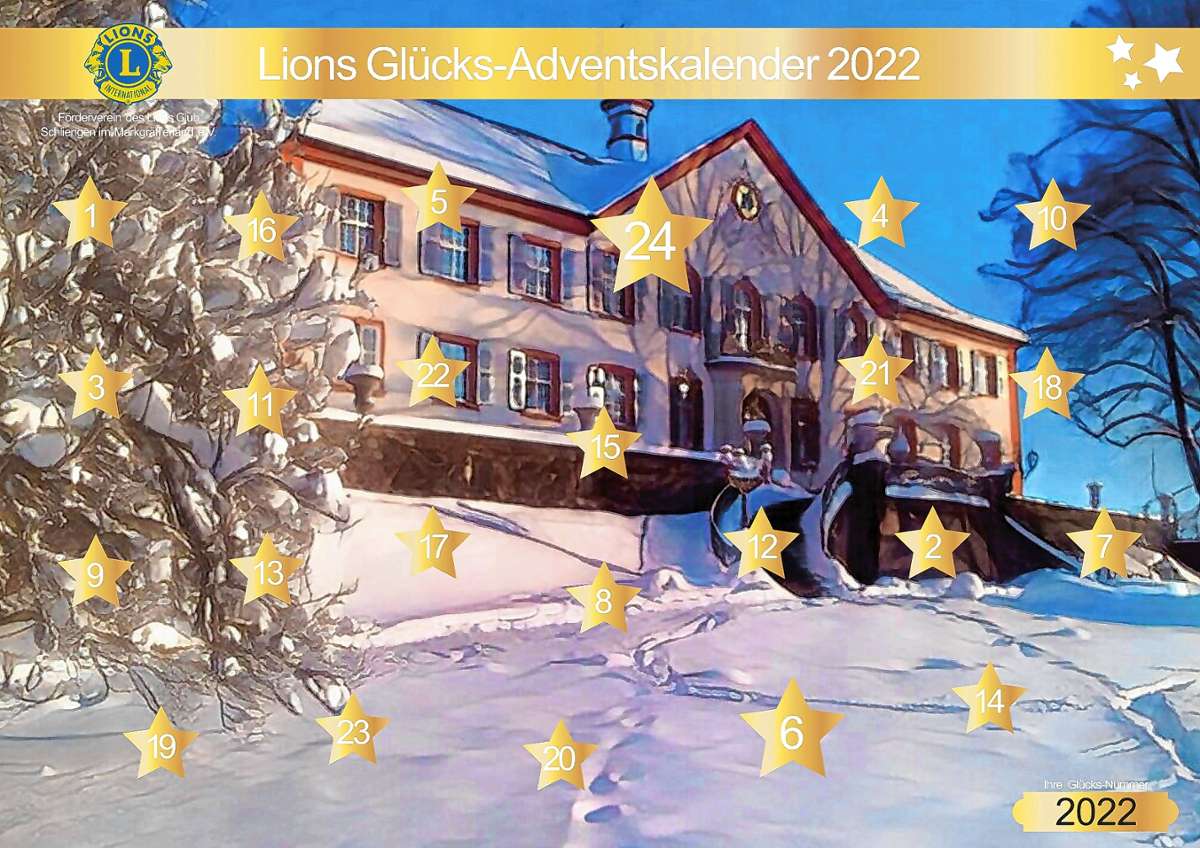 Das verschneite Schloss Bürgeln ziert den Adventskalender des Lions-Clubs Schliengen. Foto: zVg