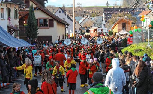 Begleitet von fröhlicher Musik: Zum Narrentreffen in Wittlingen waren zahlreiche Gruppen von nah und fern angereist. Foto: Fotos: Ralph Lacher