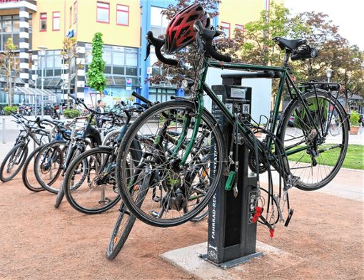 Die neue Fahrradreparaturstation im Friedlinger Rheinpark Foto: Stadtverwaltung/Bähr