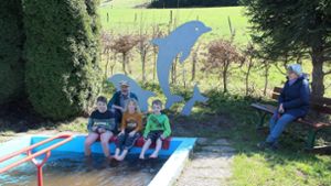 Malsburg-Marzell: Neue Delfin-Skulpturen von Hans Schaller am Rand des Kneipp-Beckens