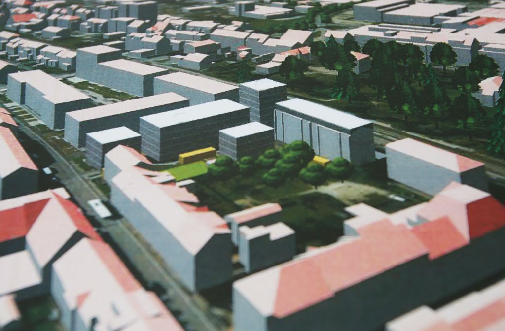 So sah die ursprüngliche Planung der Baugenossenschaft Lörrach für den Lerchenhof (graue Gebäude mit Flachdach) aus. Foto: 3D-Stadtmodell/Stadt Lörrach
