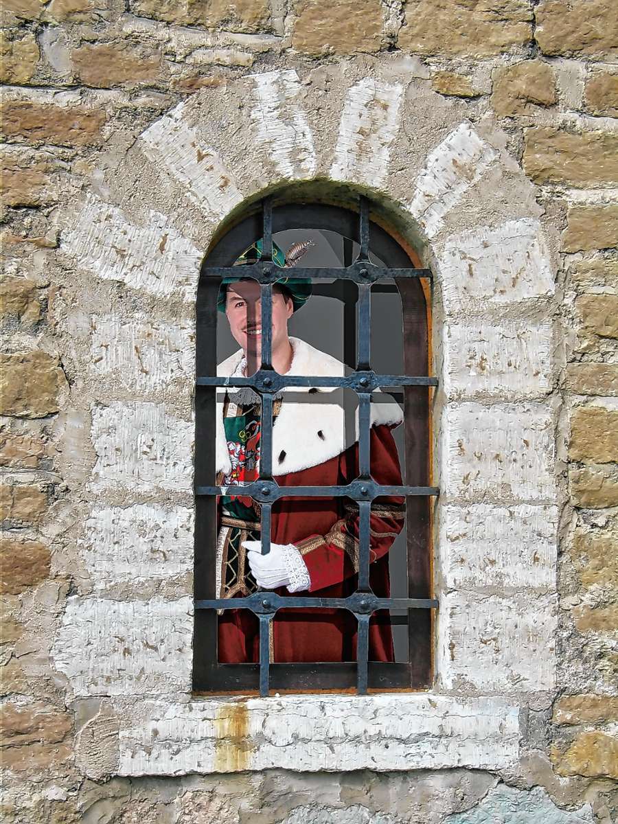 In diesen traurigen Tagen muss der Hürus hinter den Gittern der Burg Altenstein bleiben. Zum Glück hat er einen Internet-Anschluss bekommen. Foto: Fotomontage: Uli Merkle