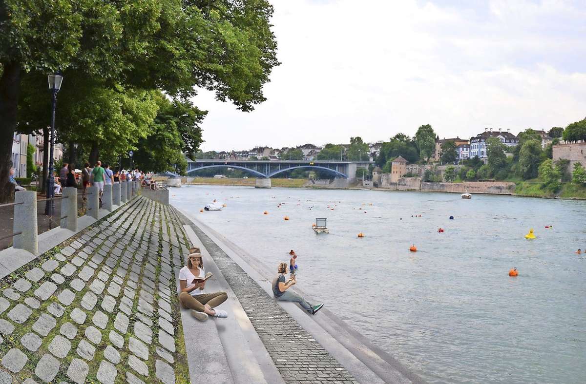 Schon jetzt weist das Rheinufer eine hohe Aufenthaltsqualität auf. Mithilfe weiterer Maßnahmen soll der Rhein noch erlebbarer werden. Foto:  