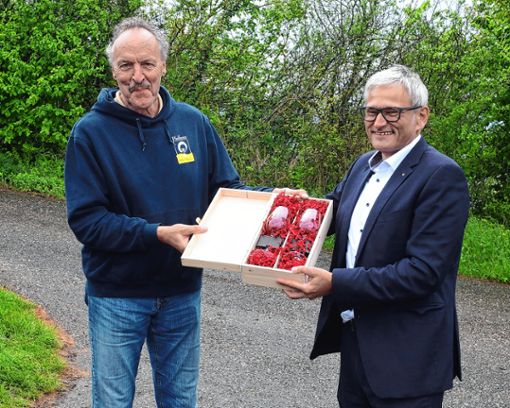 Der Baumexperte Ulrich Pfefferer (l.) wurde von Bürgermeister Martin Löffler mit dem Ehrenglas der Stadt Müllheim geehrt. Foto: Anlicker
