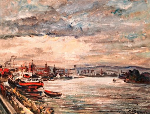 Erwin Bowien fertigte das Gemälde, das den Namen „Der Hafen von Weil am Rhein“ trägt, 1958 an. Foto: Fotos: zVg